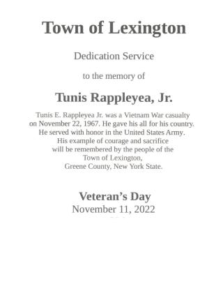 Dedication Serivice to the memory of Tunis Rappleyea Jr.